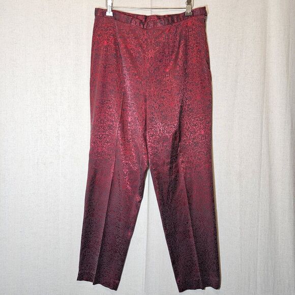 AGB Byer Womens Dress Pant Vintage Size 14 Red Black Brocade Print Shiny Slacks - Picture 1 of 9